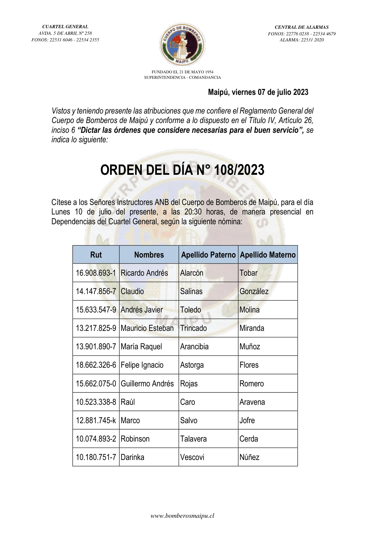 Página 1 de Orden del Día N° 108/2023