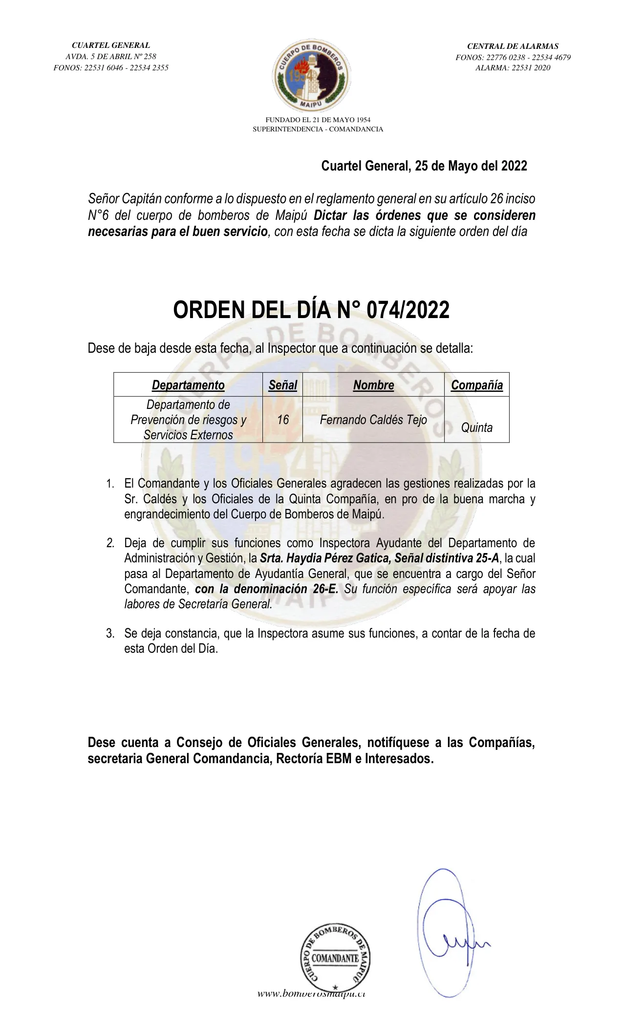 Página 1 de Orden del Día N° 74/2022