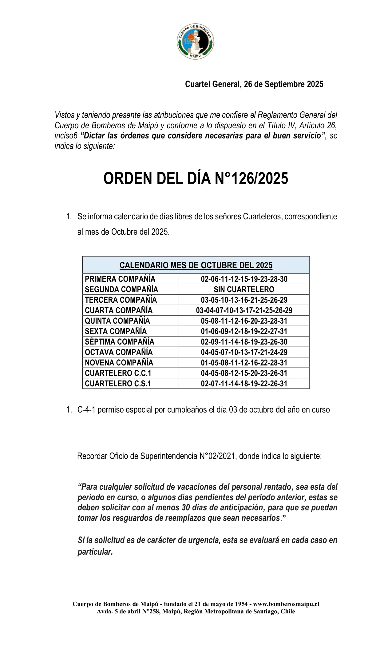 Orden del Día N° 126/2025