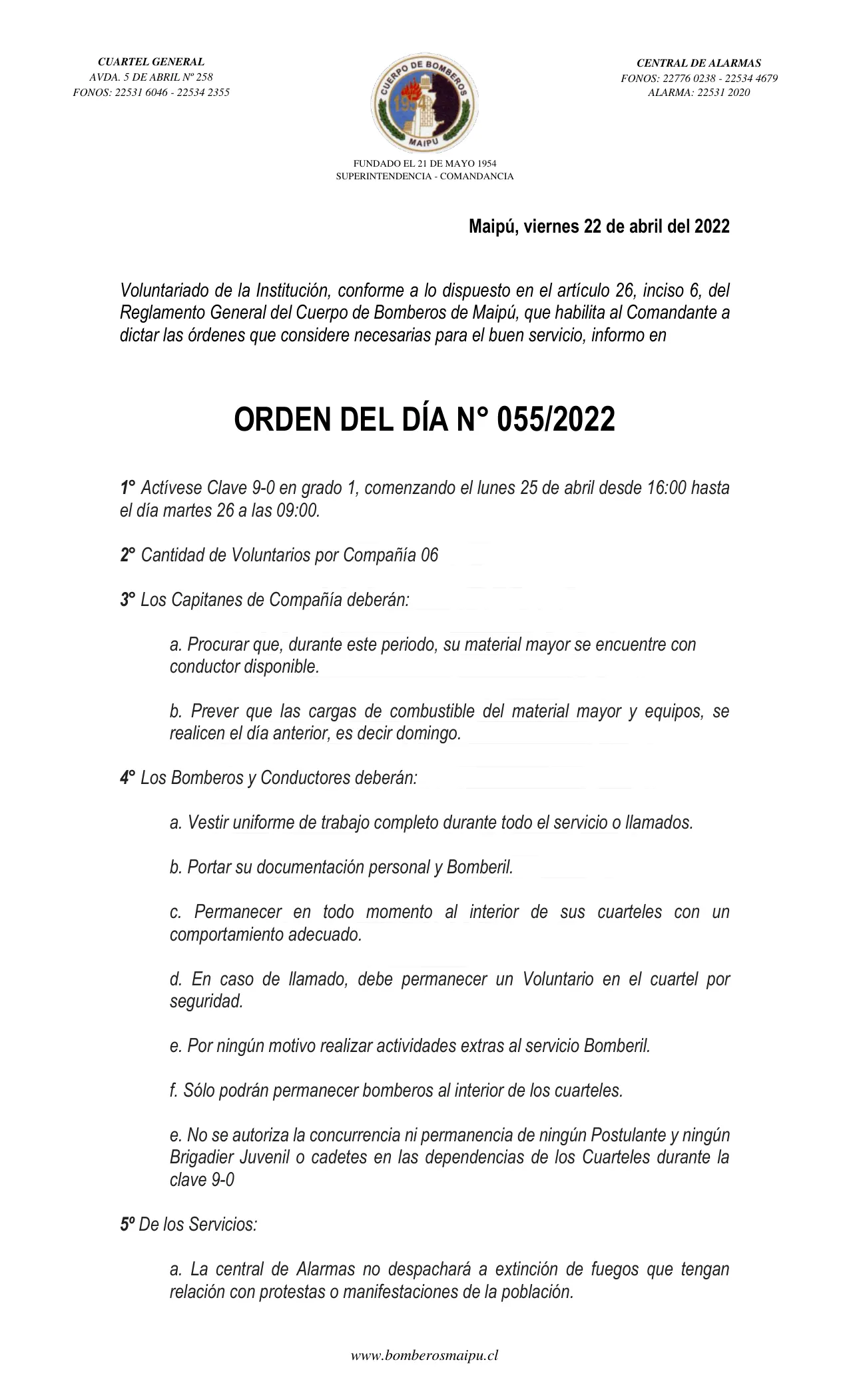 Página 1 de Orden del Día N° 55/2022
