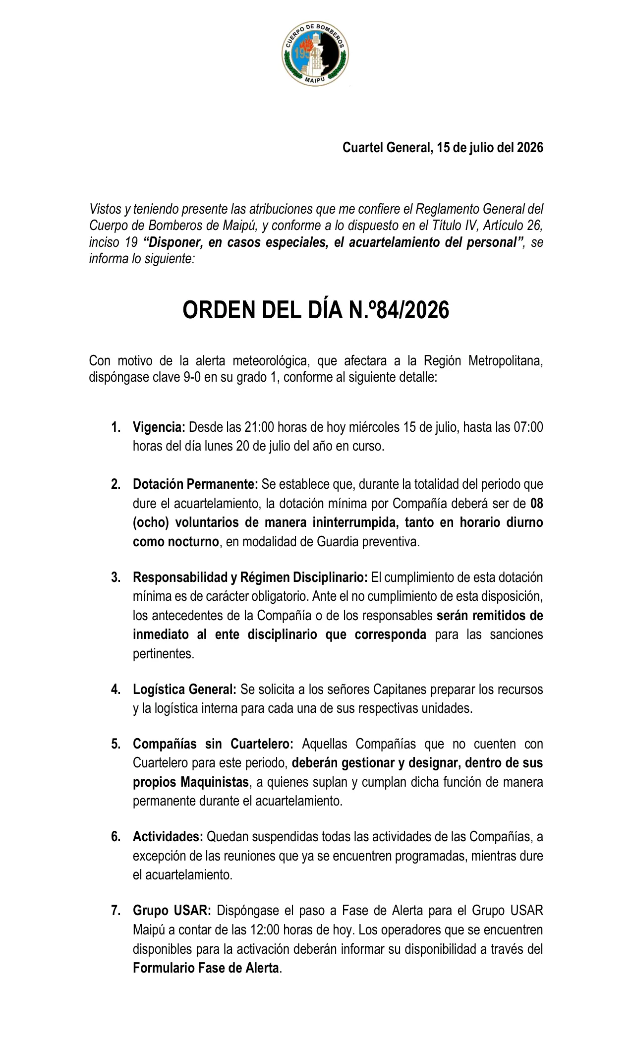 Orden del Día N° 84/2026