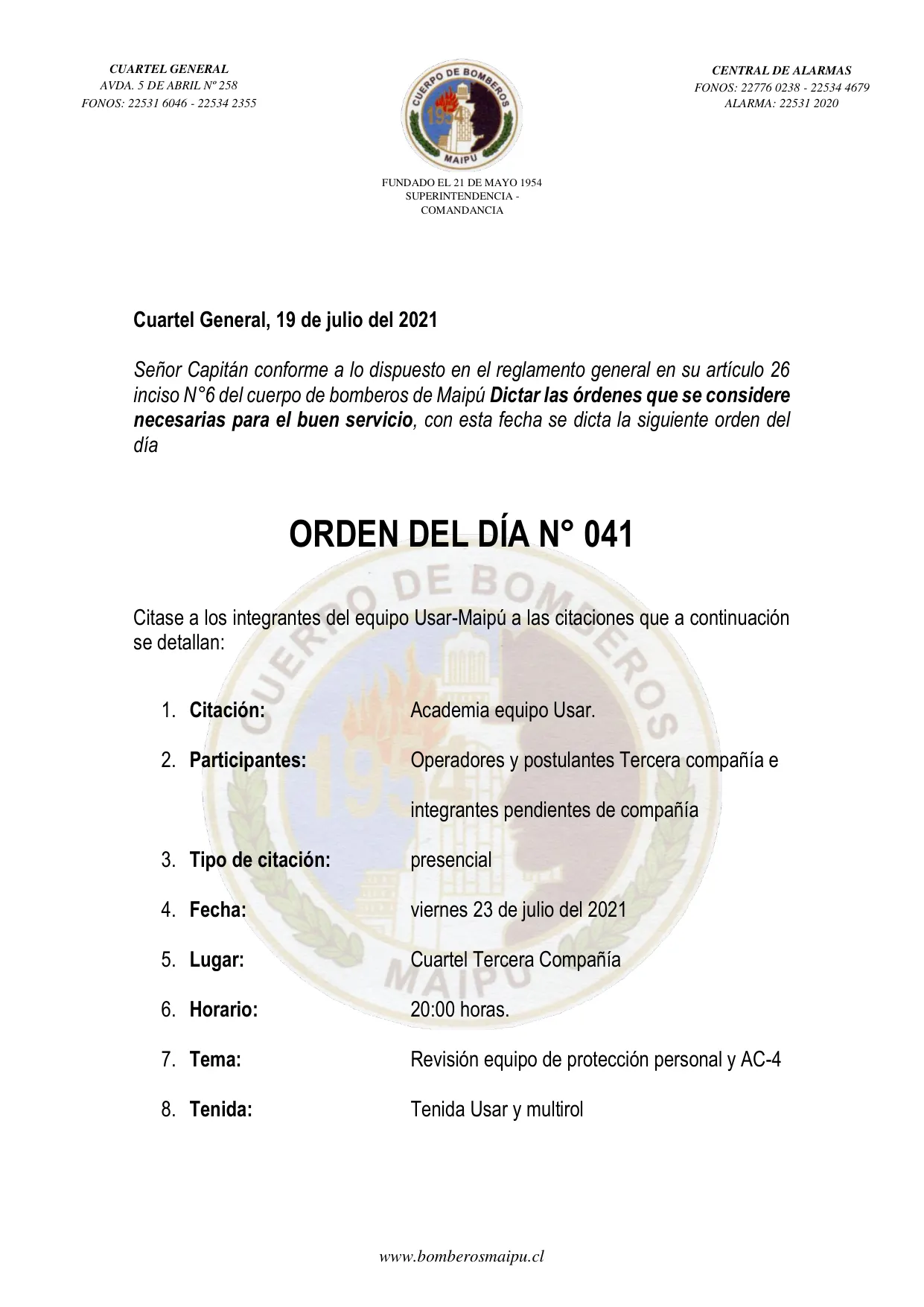 Página 1 de Orden del Día N° 41/2021