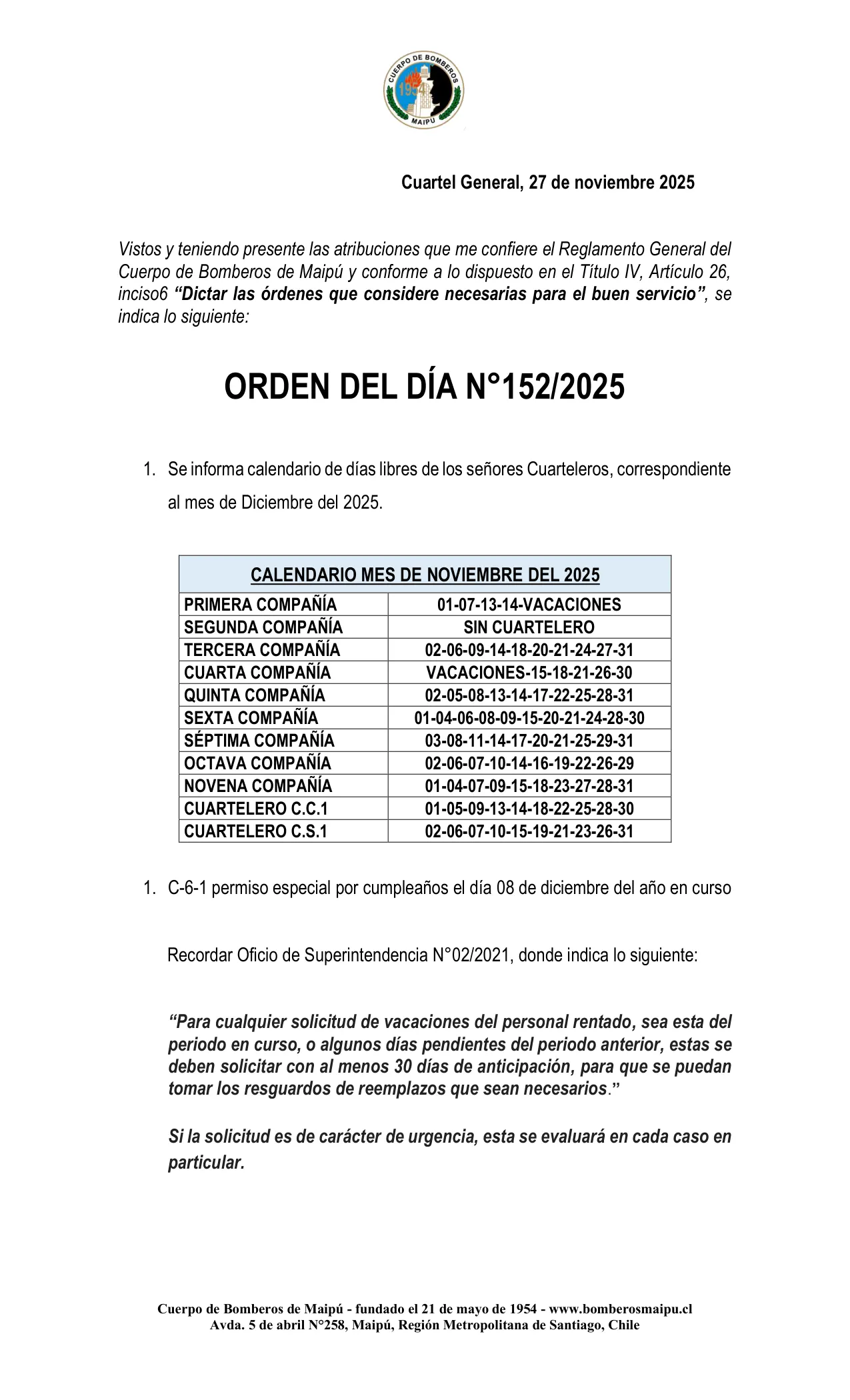 Página 1 de Orden del Día N° 152/2025