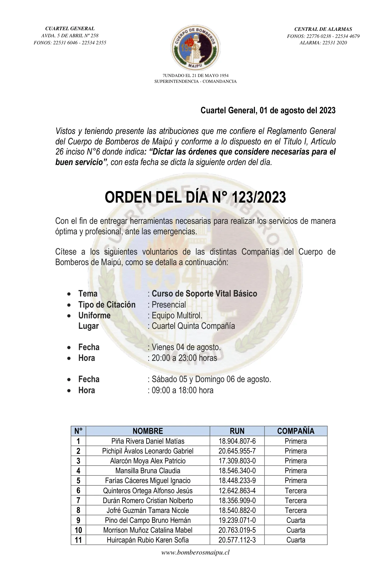 Página 1 de Orden del Día N° 123/2023