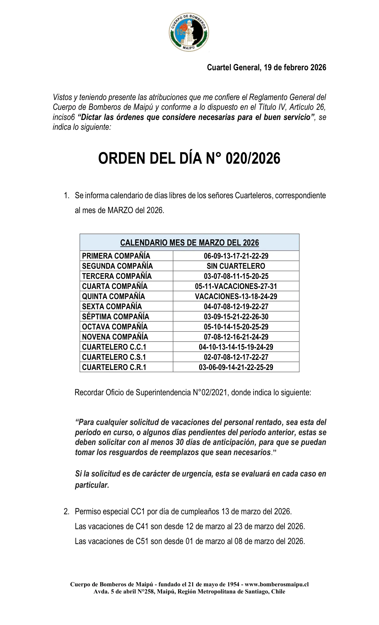 Orden del Día N° 20/2026