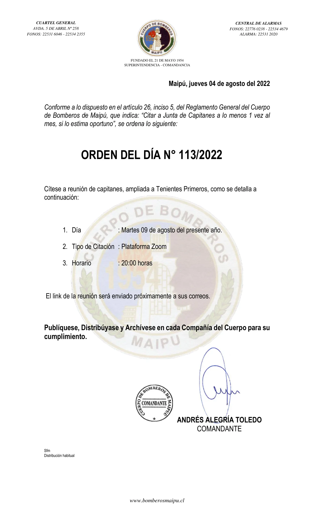 Página 1 de Orden del Día N° 113/2022