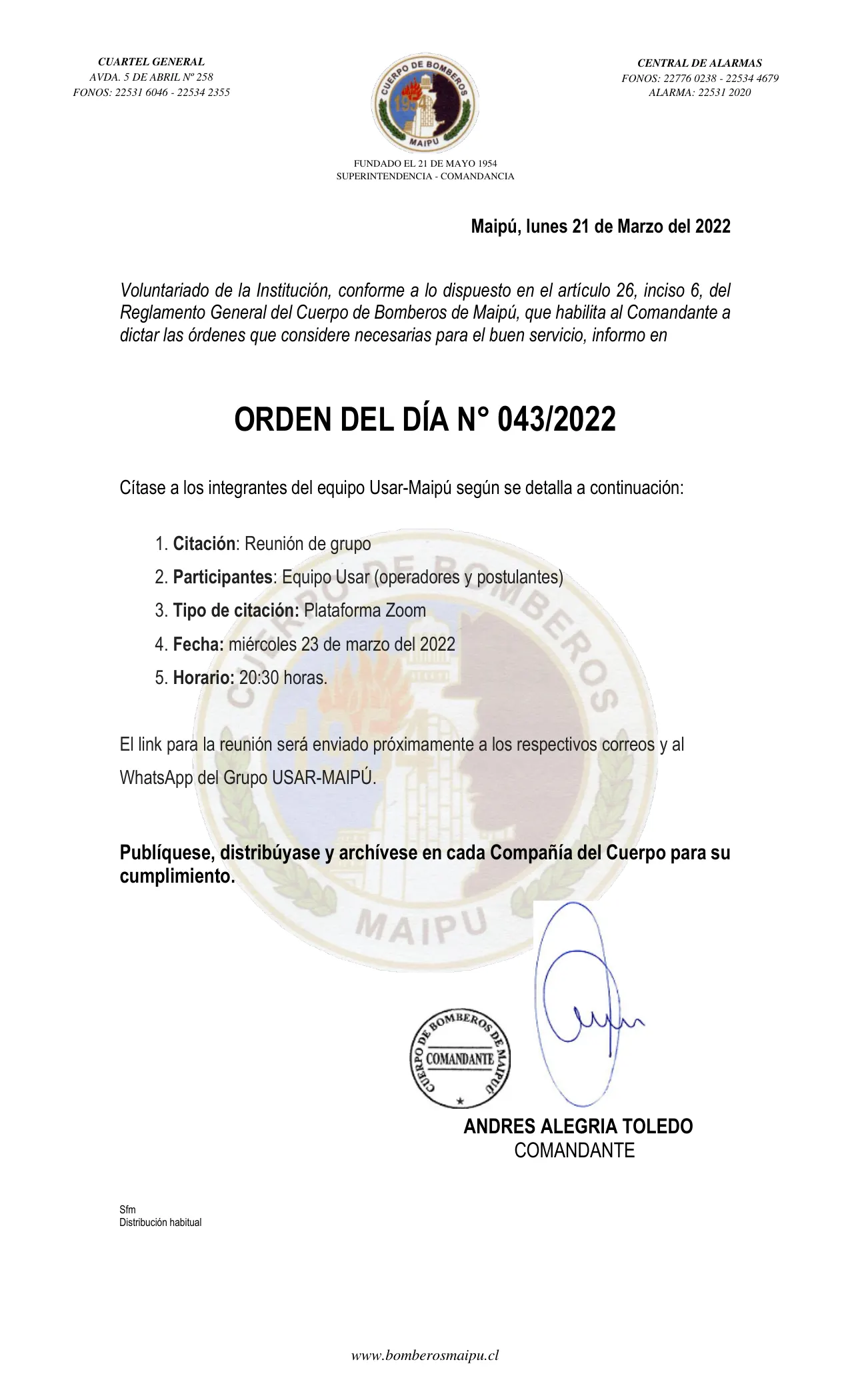 Página 1 de Orden del Día N° 43/2022