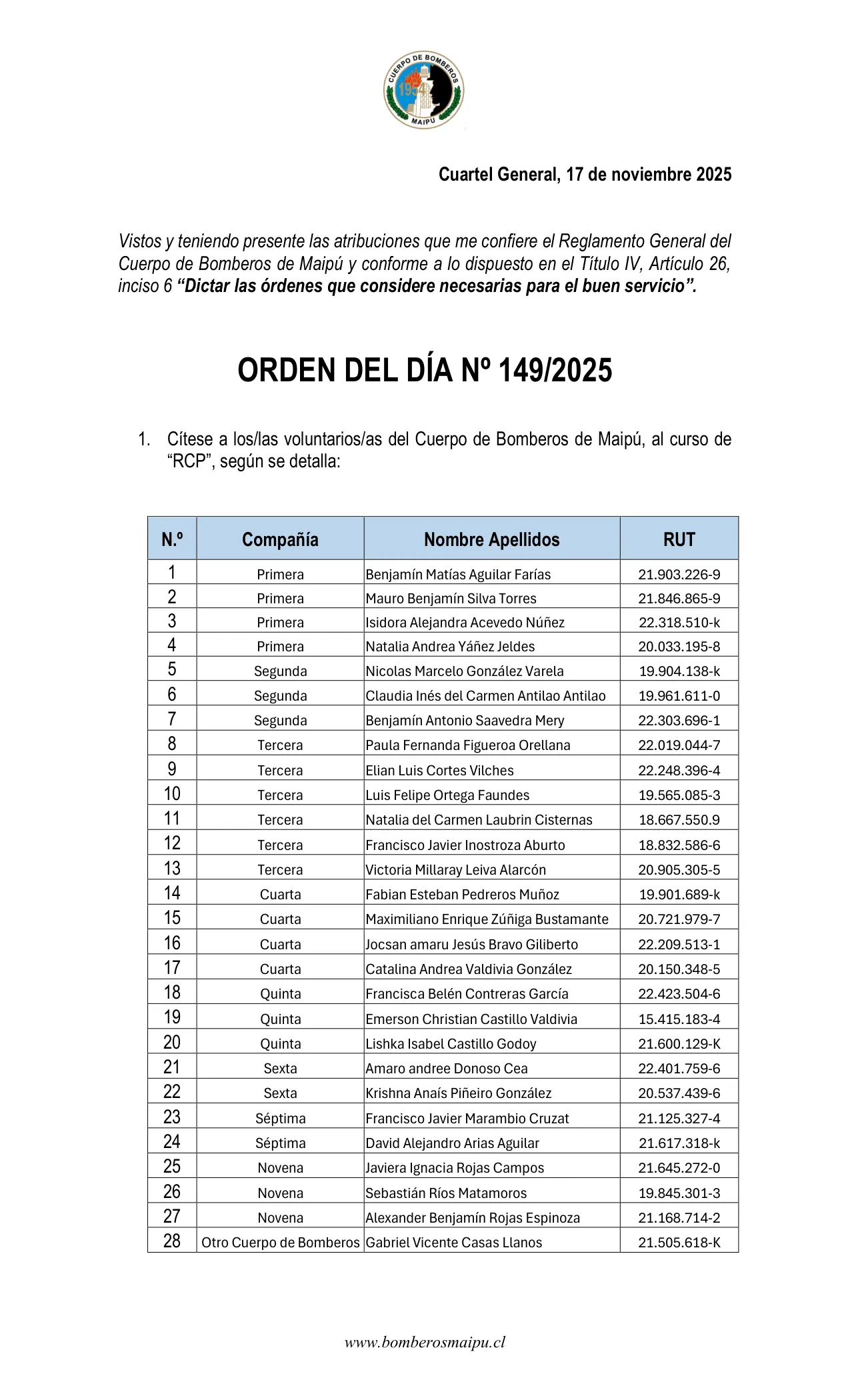Página 1 de Orden del Día N° 149/2025