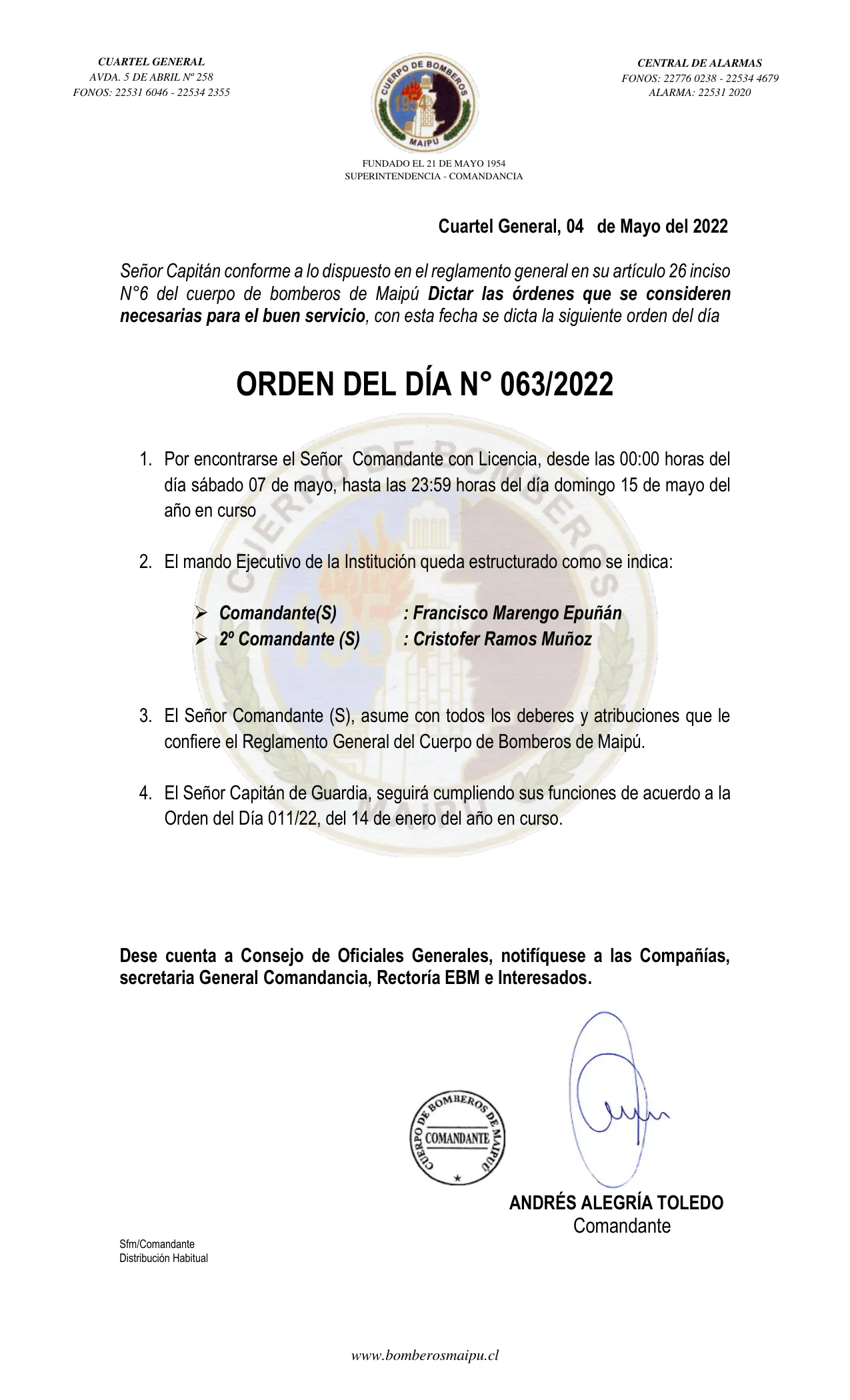 Página 1 de Orden del Día N° 63/2022