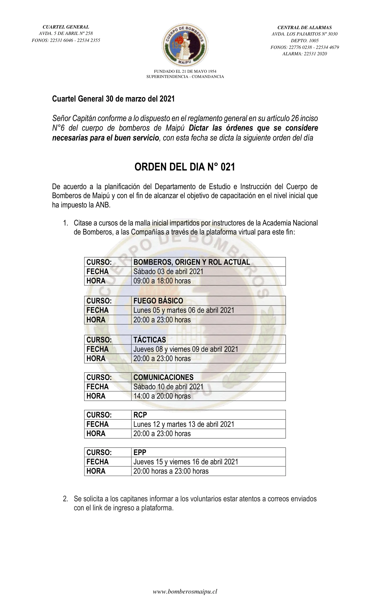 Página 1 de Orden del Día N° 21/2021