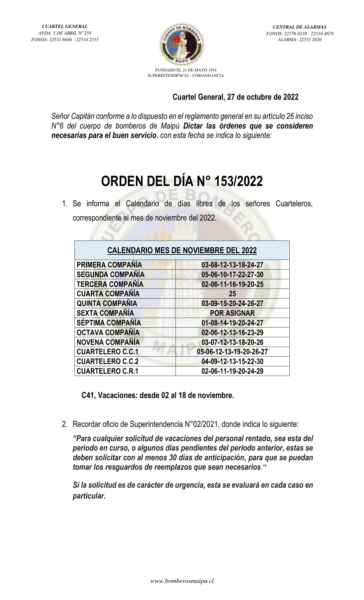 Página 1 de Orden del Día N° 153/2022