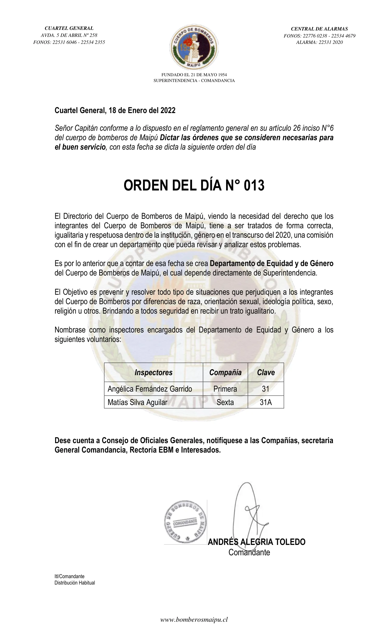 Página 1 de Orden del Día N° 13/2022
