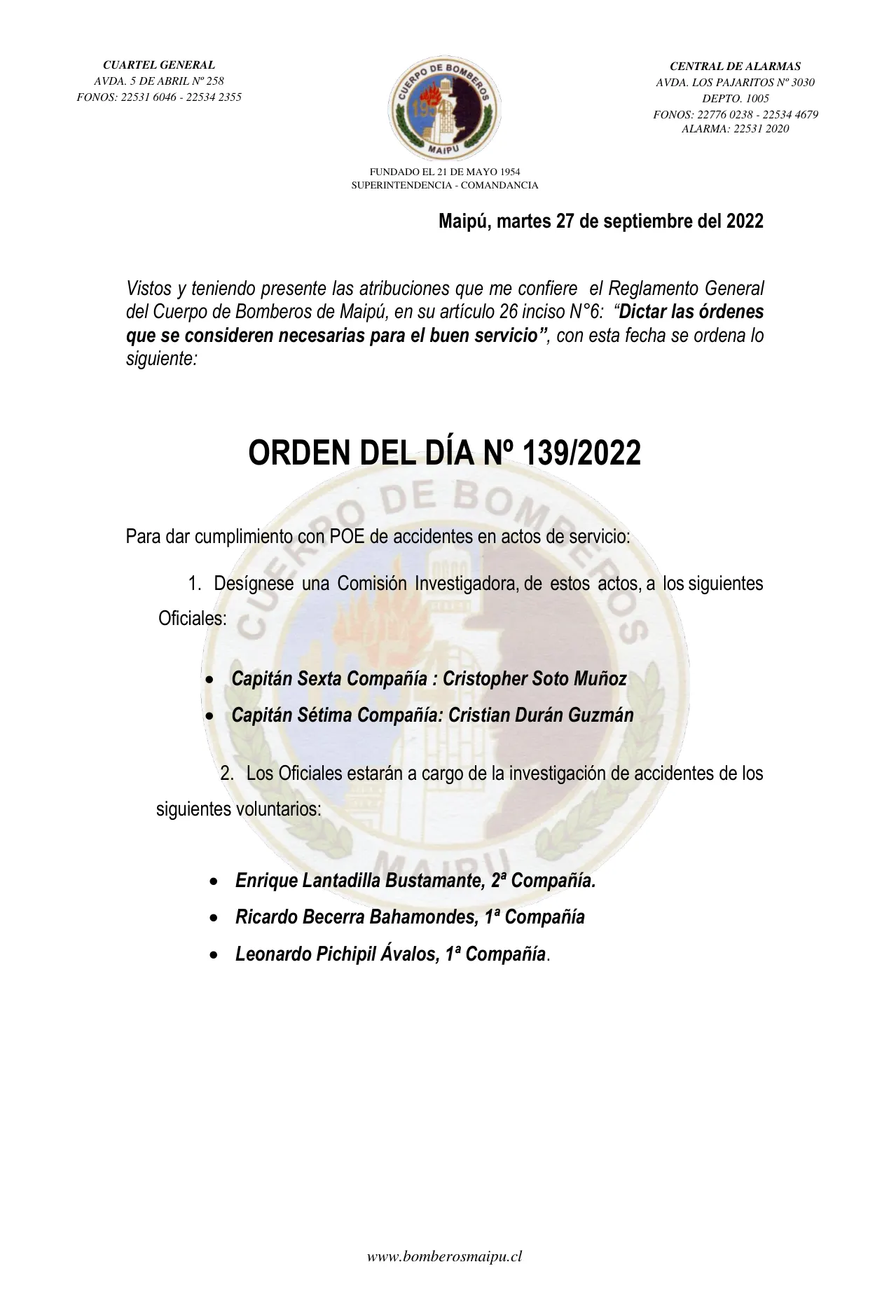 Página 1 de Orden del Día N° 139/2022