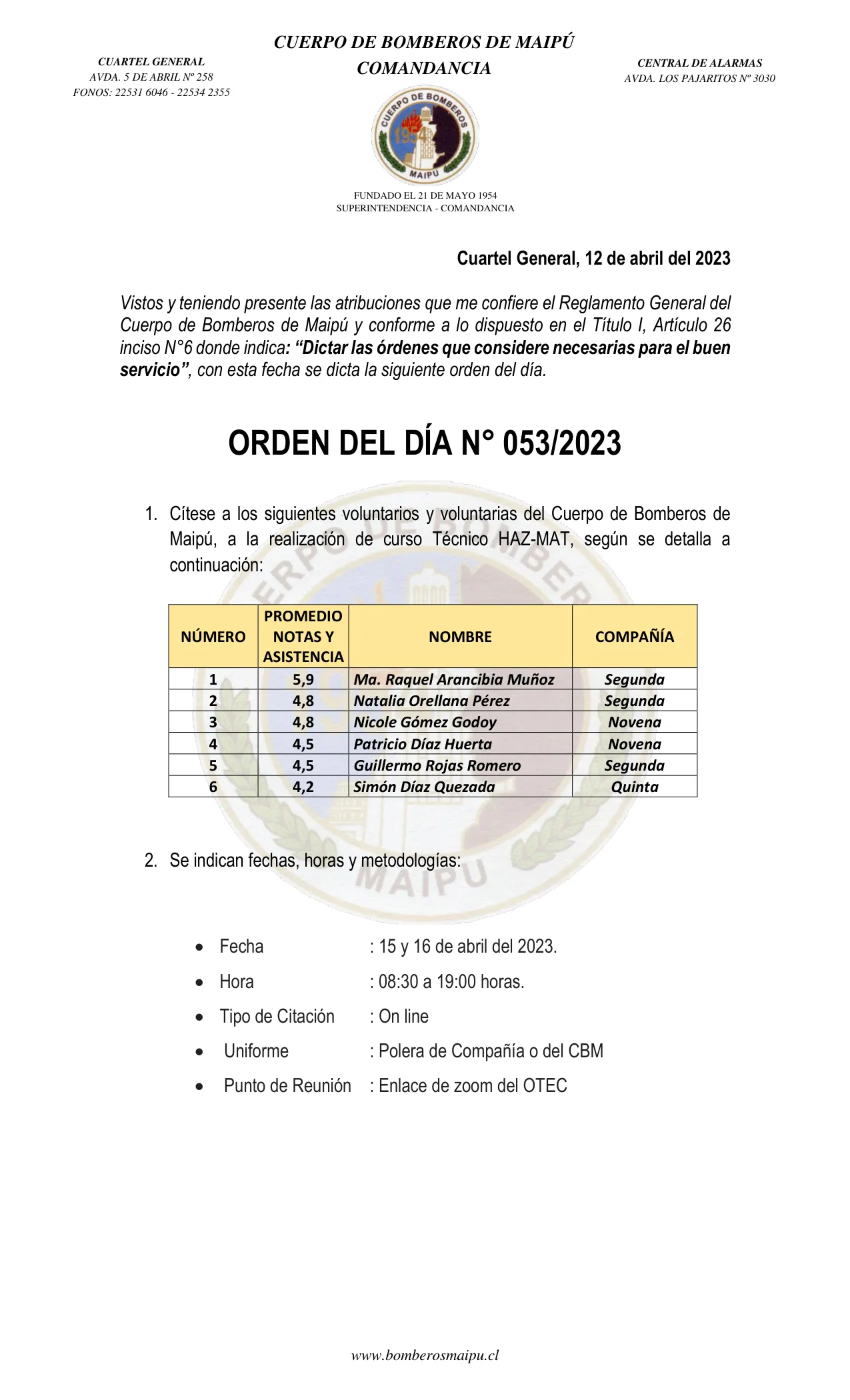 Página 1 de Orden del Día N° 53/2023
