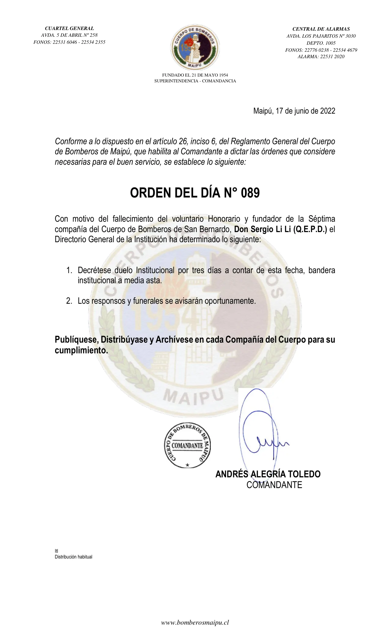 Página 1 de Orden del Día N° 89/2022