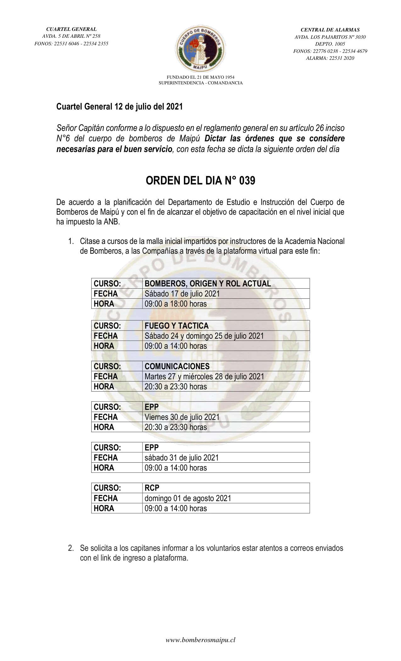 Página 1 de Orden del Día N° 39/2021