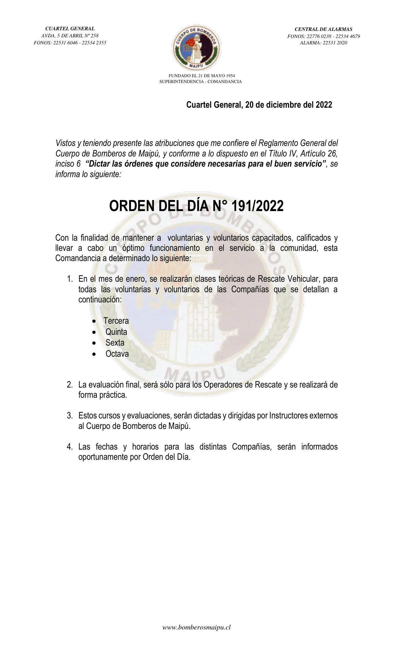 Página 1 de Orden del Día N° 191/2022