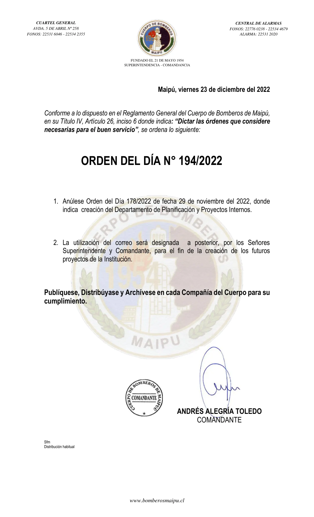 Página 1 de Orden del Día N° 194/2022