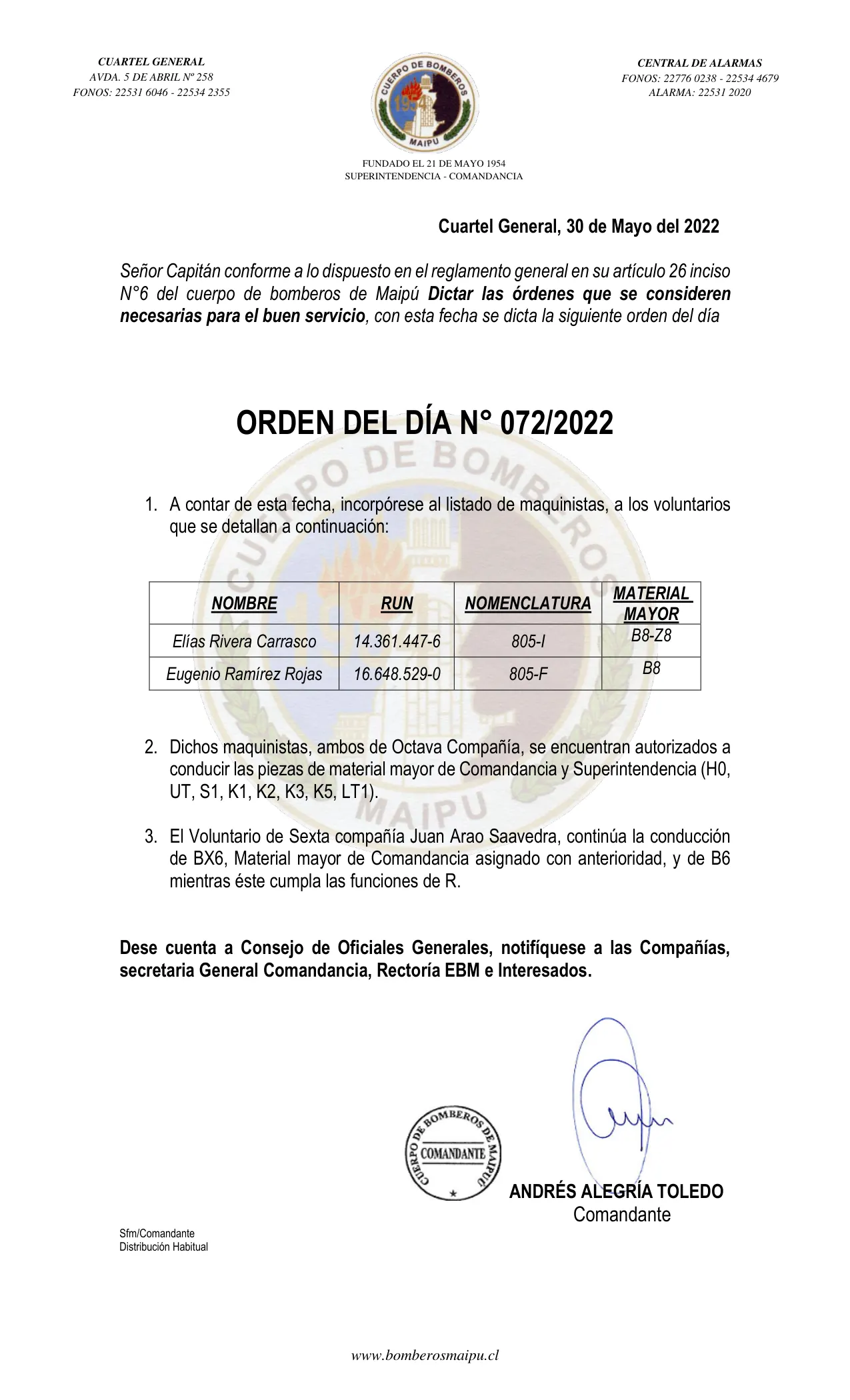 Página 1 de Orden del Día N° 72/2022