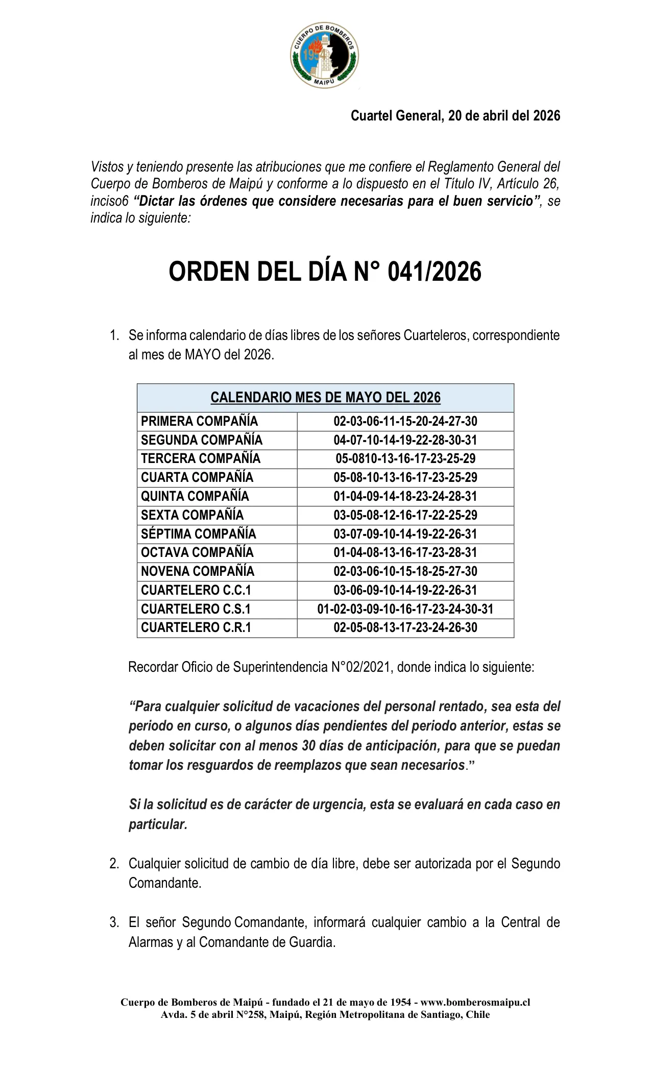 Página 1 de Orden del Día N° 41/2026