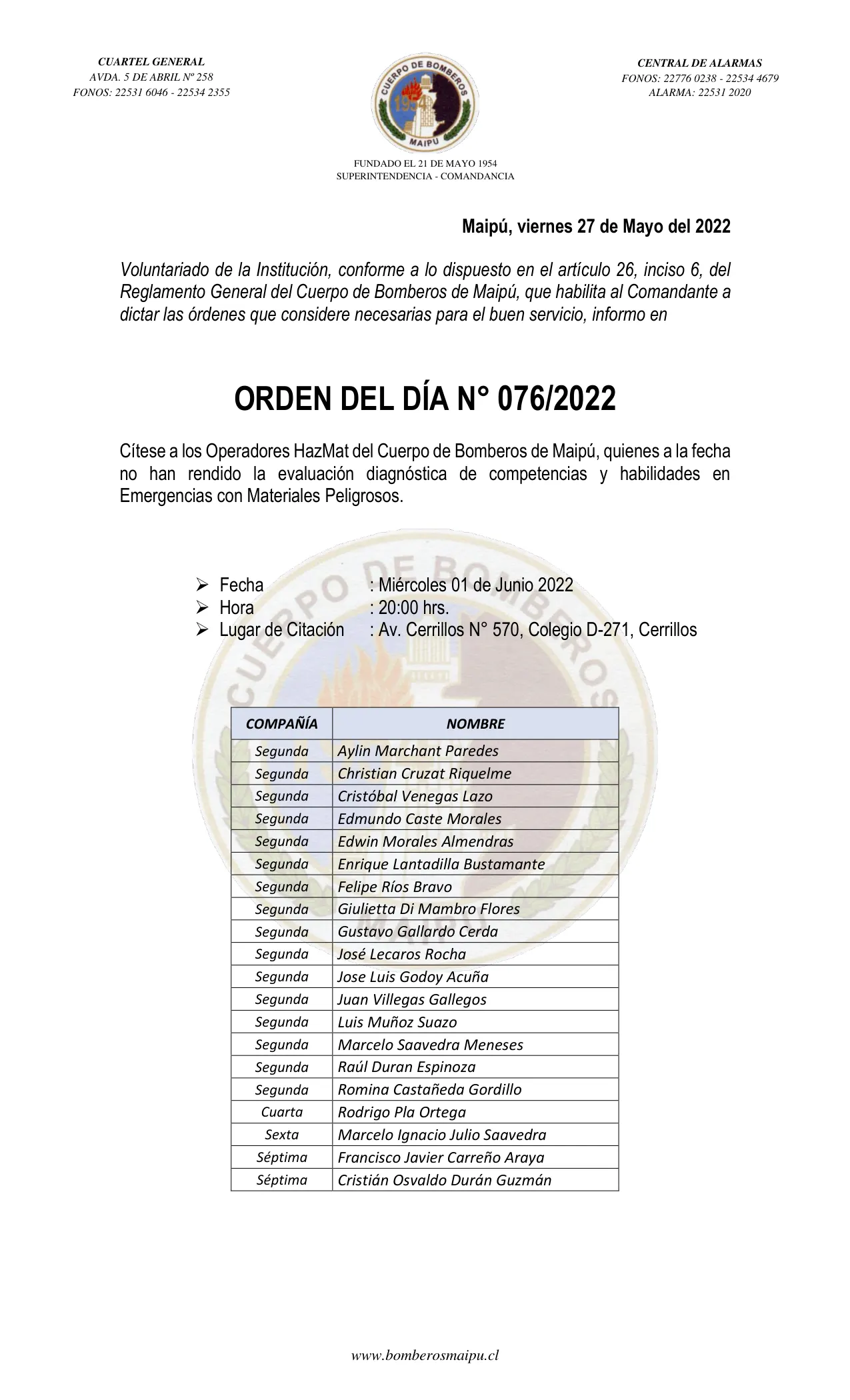 Página 1 de Orden del Día N° 76/2022