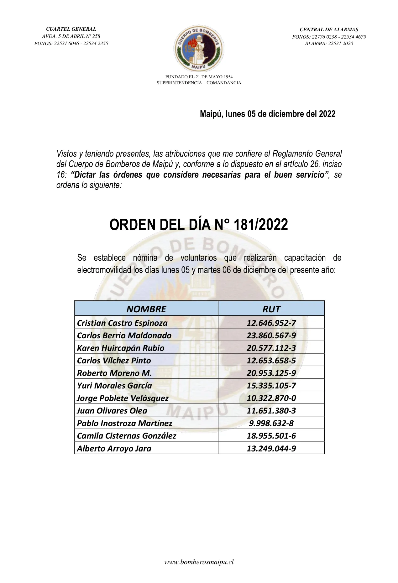 Página 1 de Orden del Día N° 181/2022