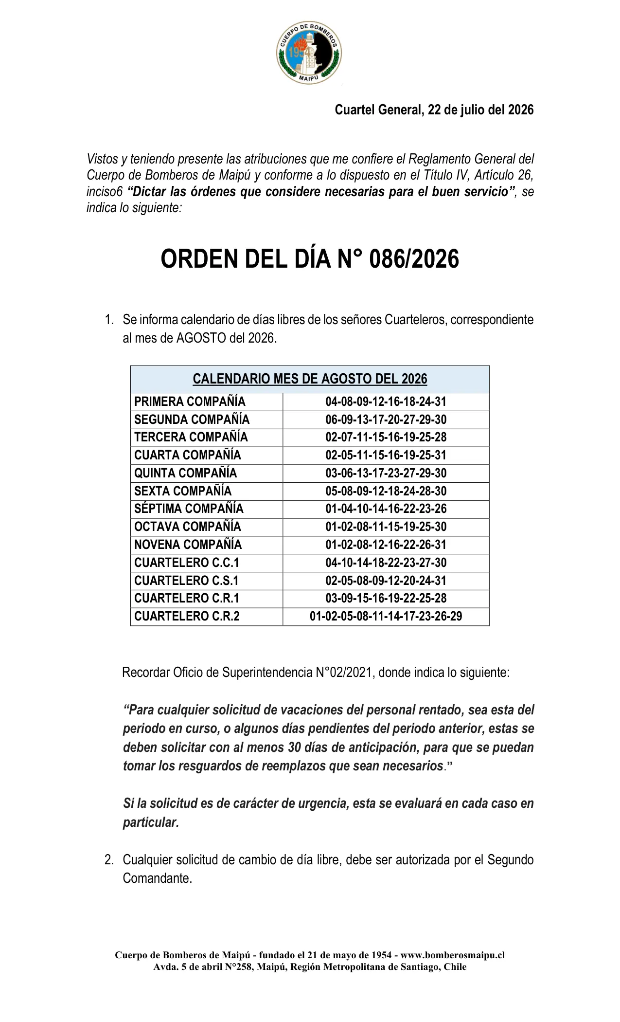 Orden del Día N° 86/2026