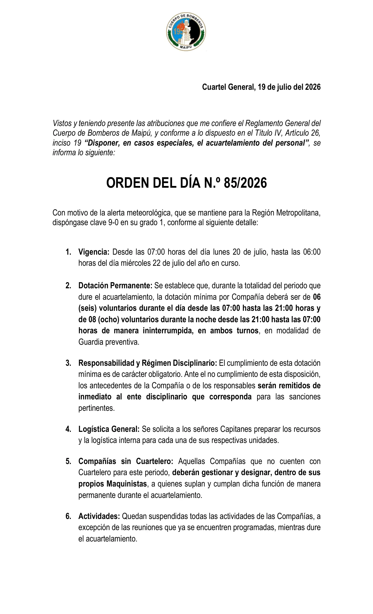 Orden del Día N° 85/2026