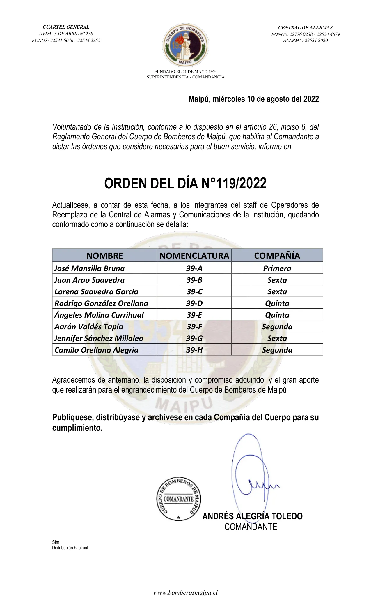 Página 1 de Orden del Día N° 119/2022