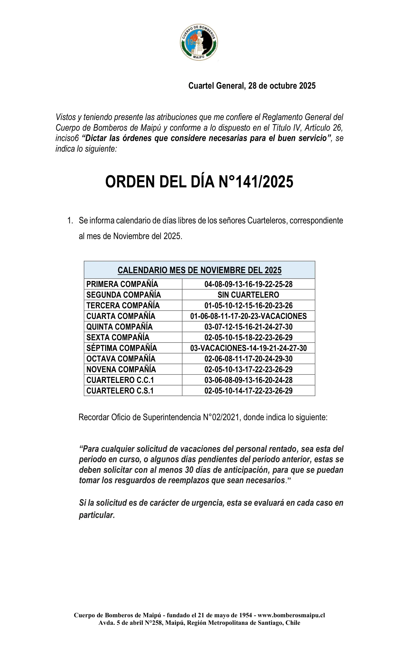 Orden del Día N° 141/2025