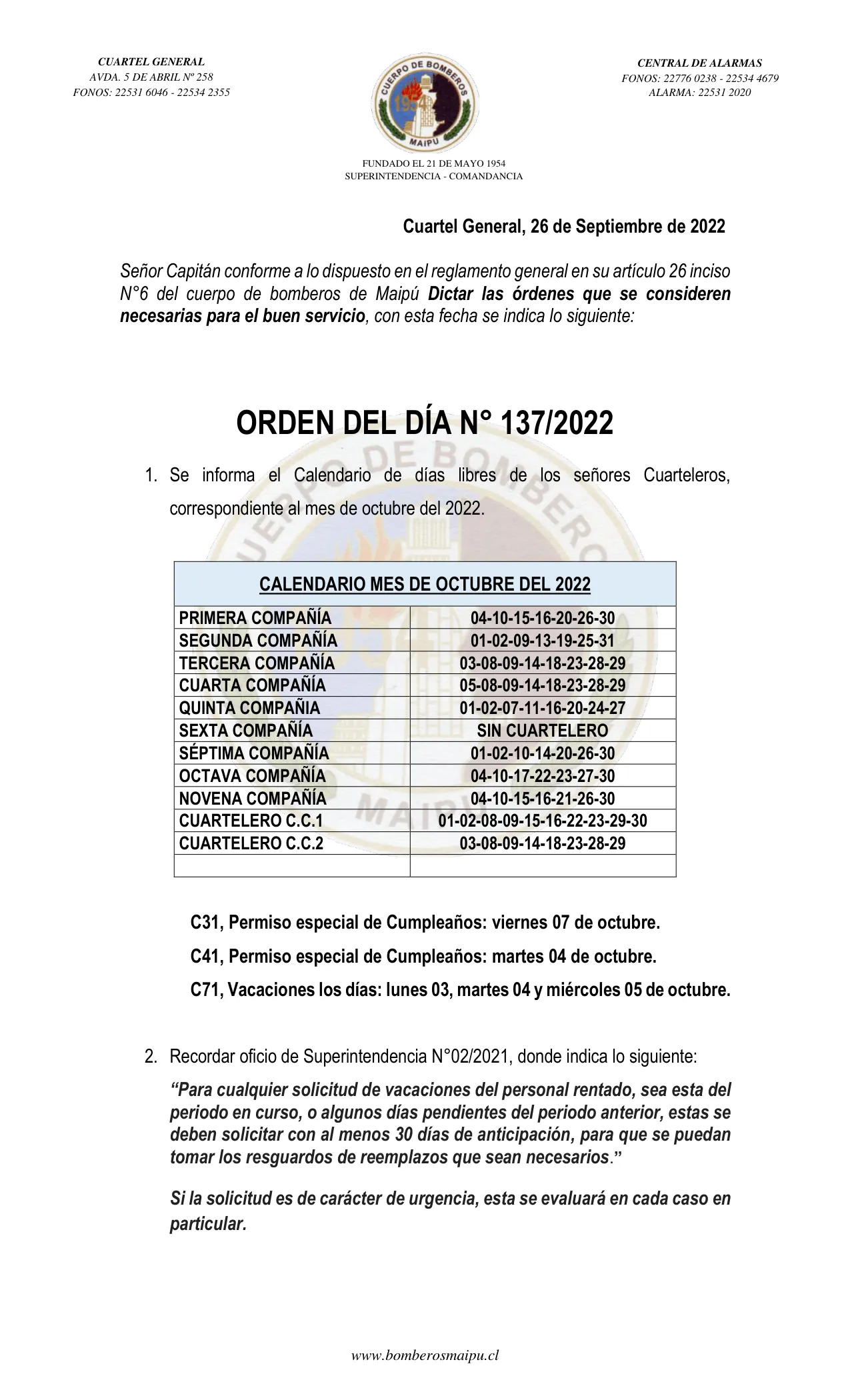Página 1 de Orden del Día N° 137/2022