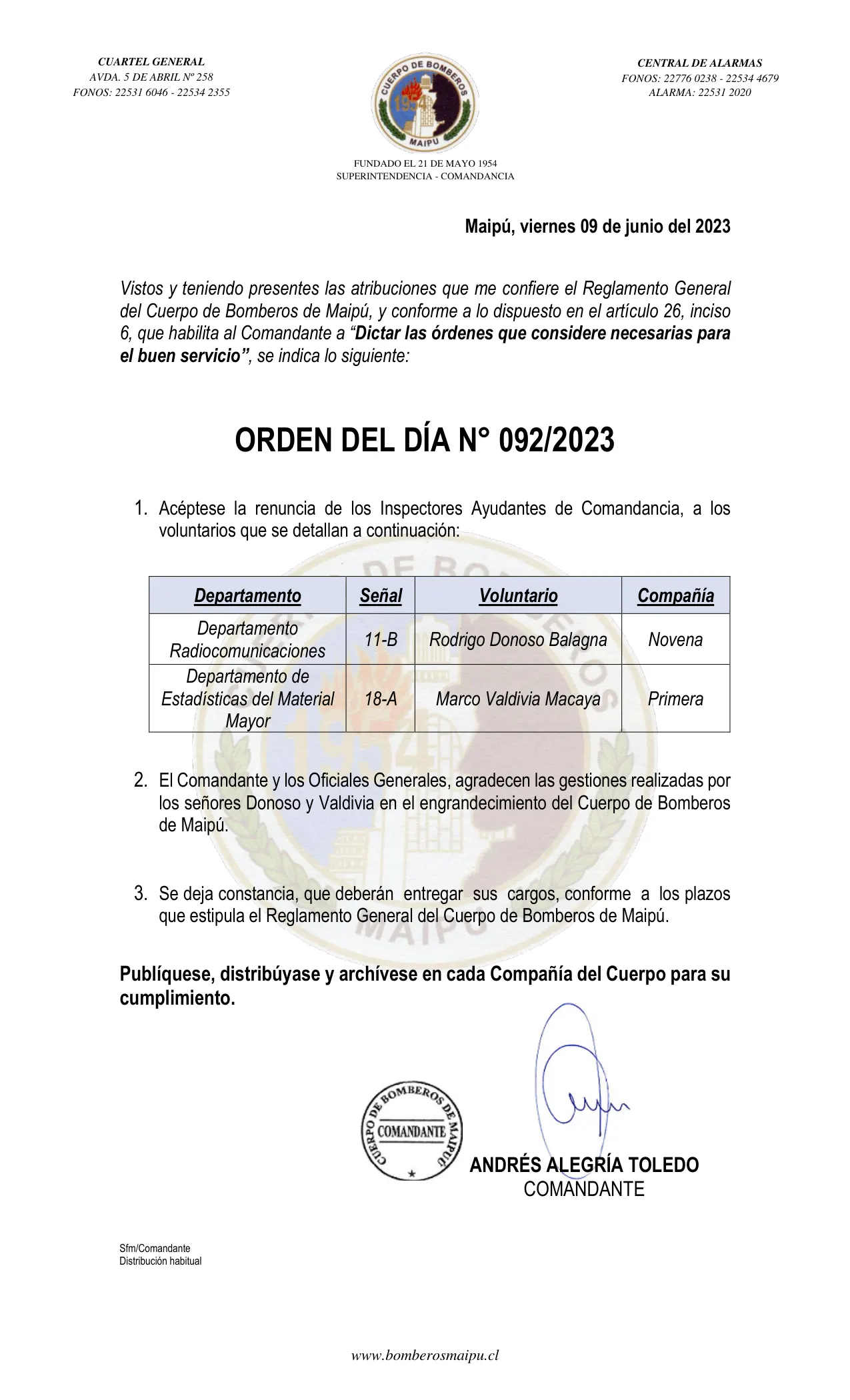 Página 1 de Orden del Día N° 92/2023
