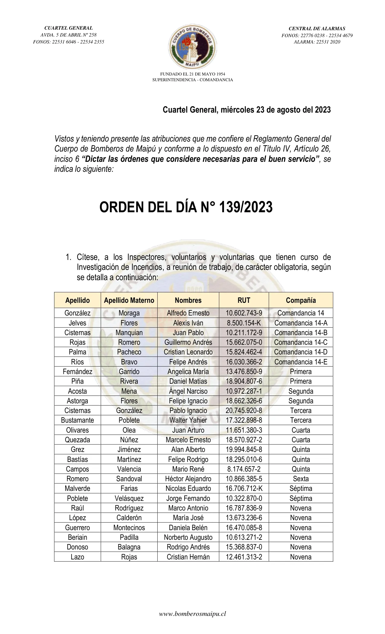 Página 1 de Orden del Día N° 139/2023