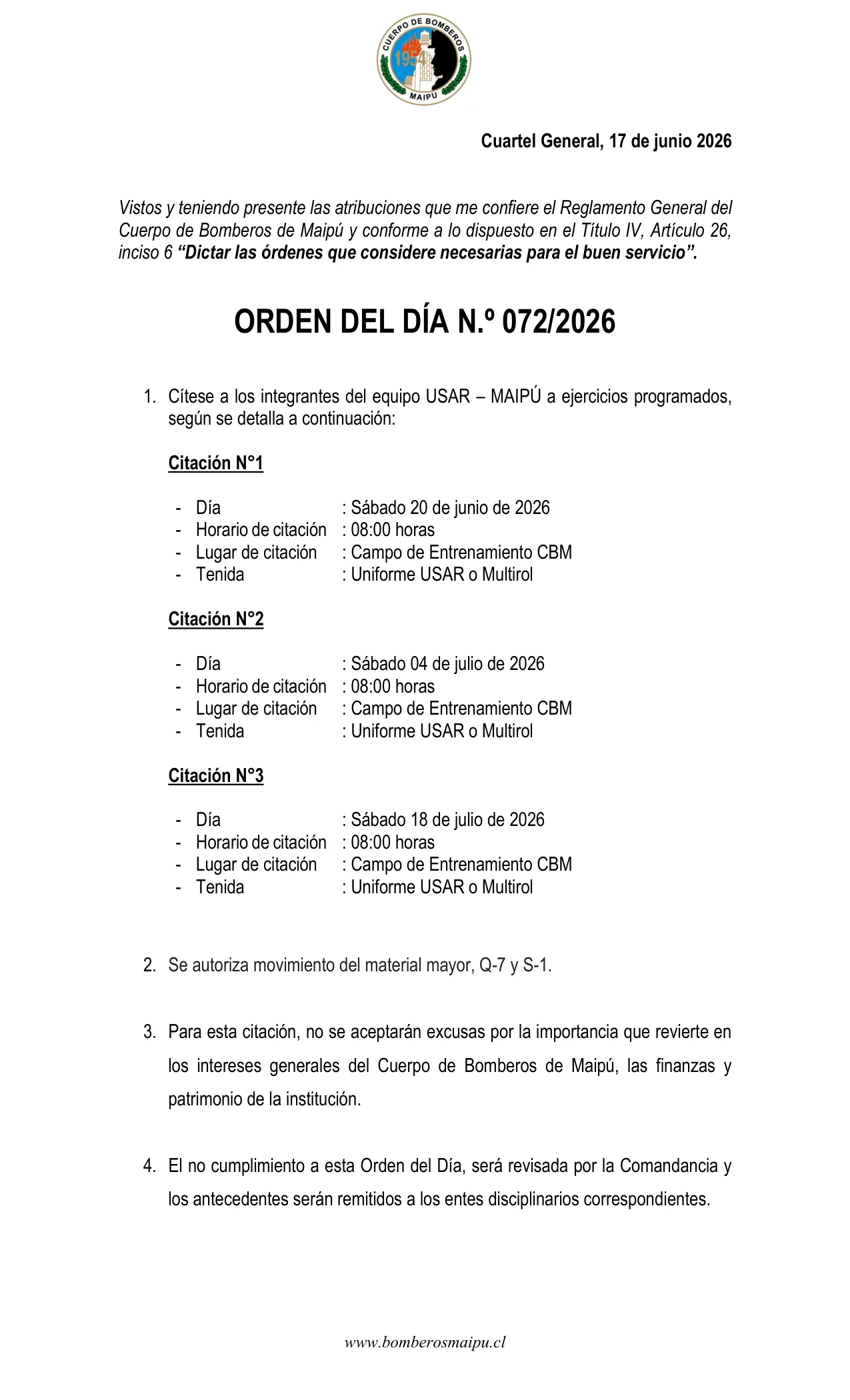 Orden del Día N° 72/2026