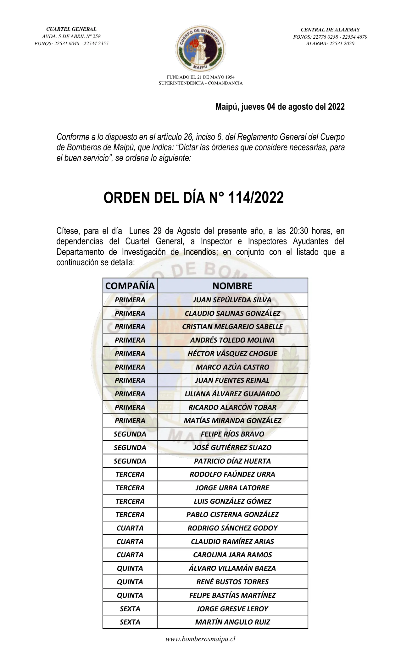 Página 1 de Orden del Día N° 114/2022