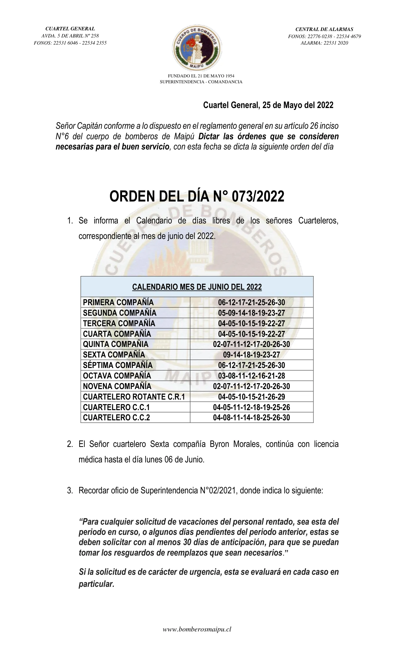 Página 1 de Orden del Día N° 73/2022