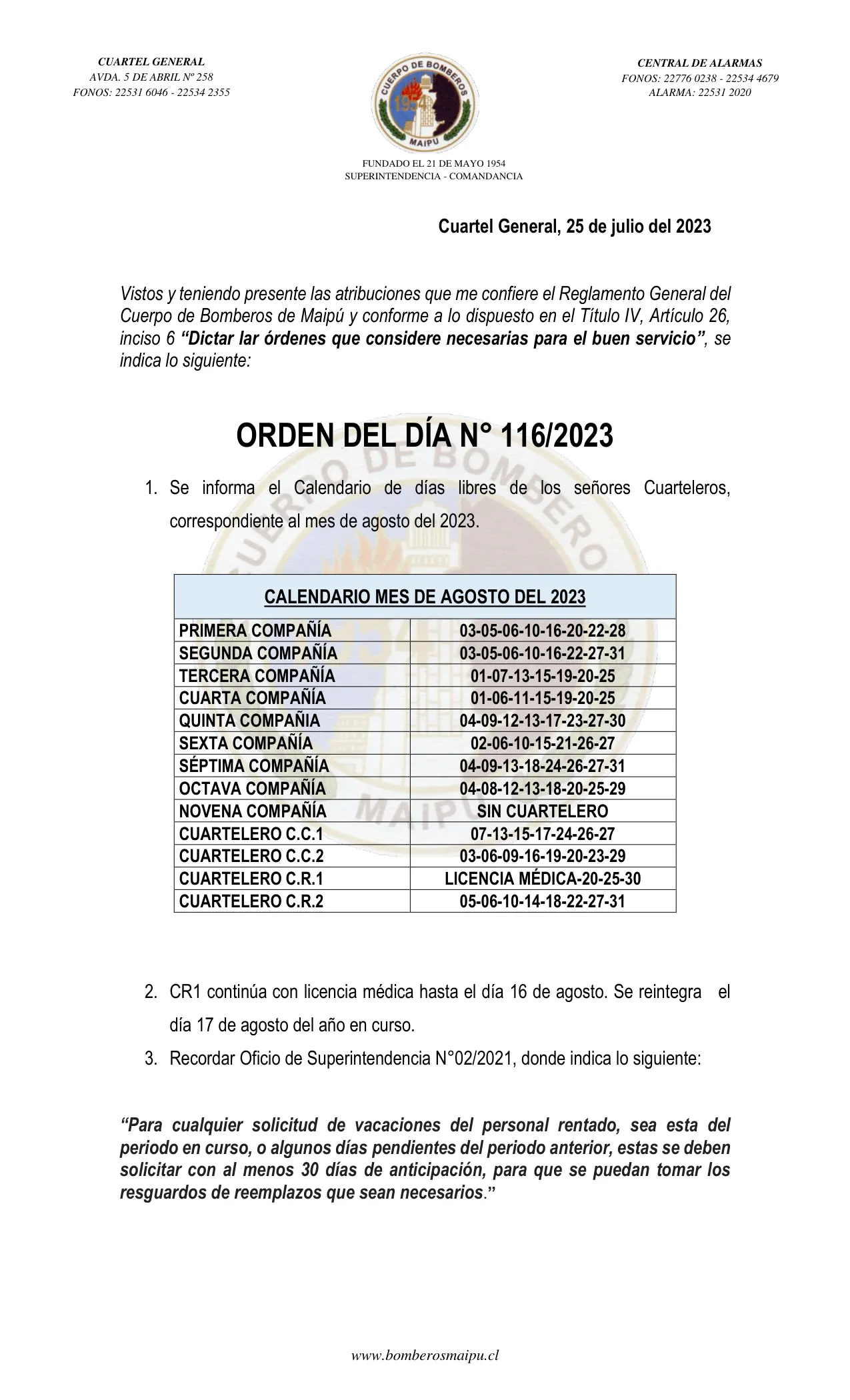 Página 1 de Orden del Día N° 116/2023