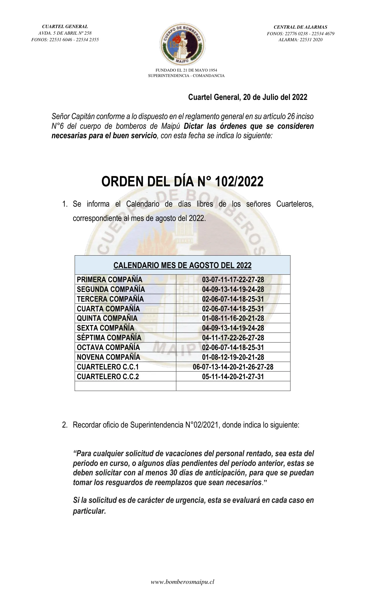 Página 1 de Orden del Día N° 102/2022